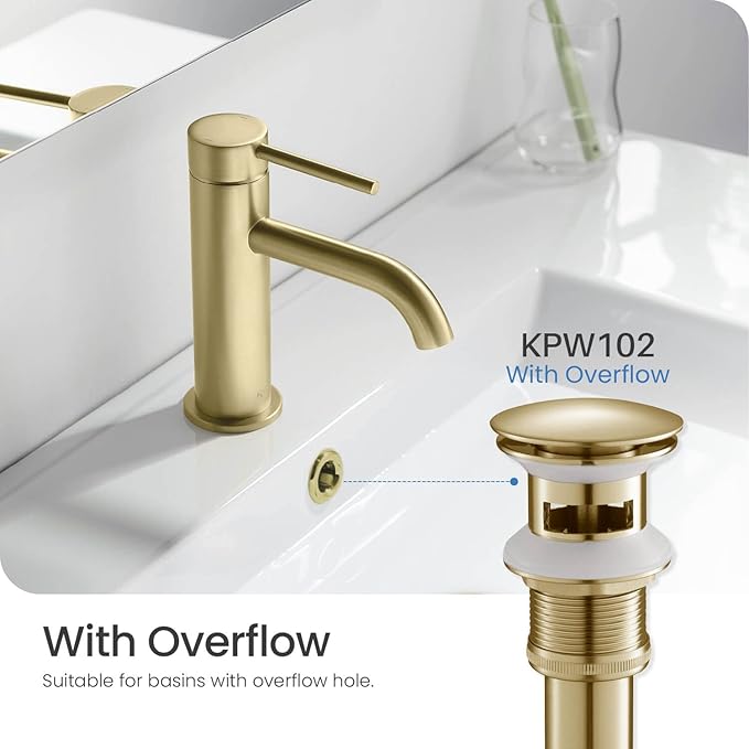 KIBI Bathroom Sink Pop-Up Drain with Overflow (Full Cover) | Lavatory Vanity Drain Stopper | Durable Leak-Proof Sink Drain for Bathroom, Kitchen, and Lavatories | Brushed Gold, KPW102