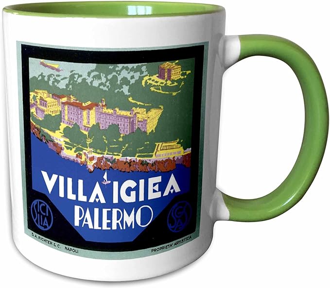 3dRose Vintage Villa Igiea Palermo Italy Luggage Label 15oz Two-Tone Green Mug