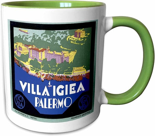 3dRose Vintage Villa Igiea Palermo Italy Luggage Label 15oz Two-Tone Green Mug