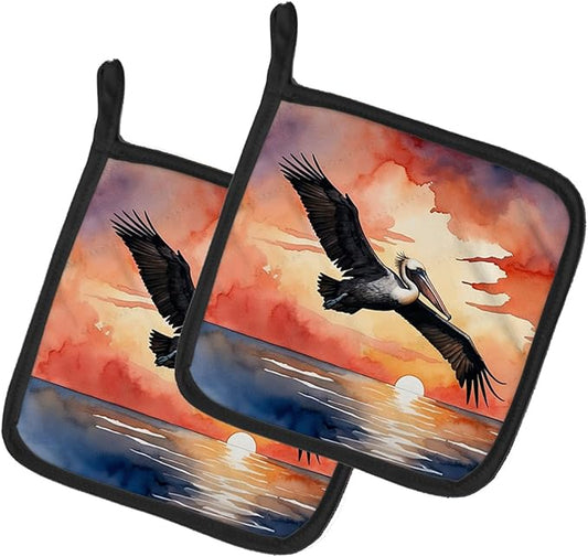 Caroline's Treasures Pelican Fiery Sunset Pair of Pot Holders Kitchen Heat Resistant Pot Holders Sets Oven Hot Pads for Cooking Baking BBQ, 7 1/2 x 7 1/2