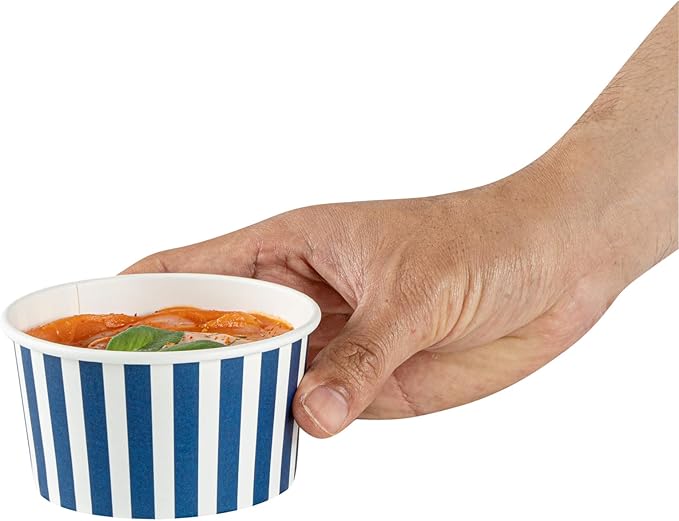 Restaurantware Coppetta 8 Ounce Dessert Cups, 200 Disposable Ice Cream Cups - Lids Sold Separately, Sturdy, Blue And White Paper FroYo Bowls, Striped, For Hot And Cold Foods, Perfect For Gelato