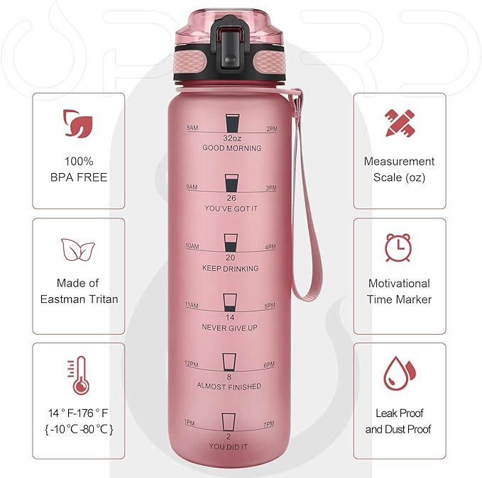 Opard Zip 32oz Plastic Water Bottle Dishwasher Safe, Leakproof Flip-Top Lid, BPA Free Tritan, Wide Mouth Reusable Sports Water Bottle for Gym Hiking Commuting Outdoor Travel and School