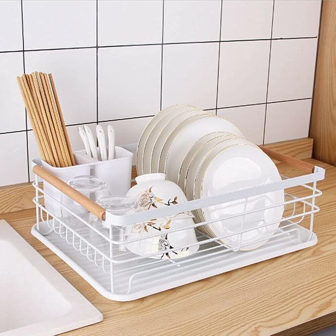 Kitchen Dish Drainer Metal Wire Cutlery Holder Drying Plate Rack Drip Tray Sink