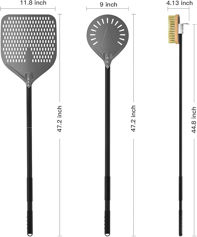 G.a HOMEFAVOR 3-Piece Pizza Peel Set - 12" × 15" Perforated Aluminum Pizza Peel, 9" Round Turning Peel, Pizza Oven Cleaning Brush, Pizza Oven Accessories, Pizza Kit for Pizza Lover