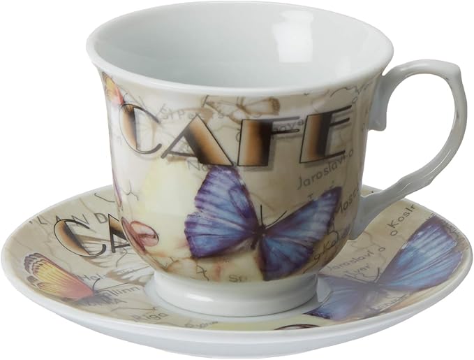 Lorenzo Import Coffee Cups on Metal Stand-Butterfly (Set of 4), Multicolor