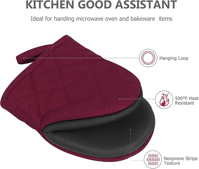 1 Pair Short Oven Mitts - Silicone Kitchen Oven Gloves High Heat Resistant 500℉, Mini Oven Mits with Non-Slip Grip Surfaces and Hanging Loop for BBQ, Baking, Cooking and Grilling (Dark Red)