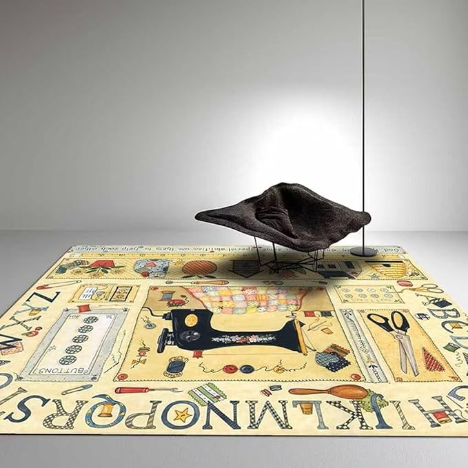 Colorful Sewing Machine Patchwork Area Rug for Dining Room Non-Slip Rustic Lodge Floral Farmhouse Rugs Home Decor Low Pile Abstract Modern Scissors Sewing Mats 4'x6'