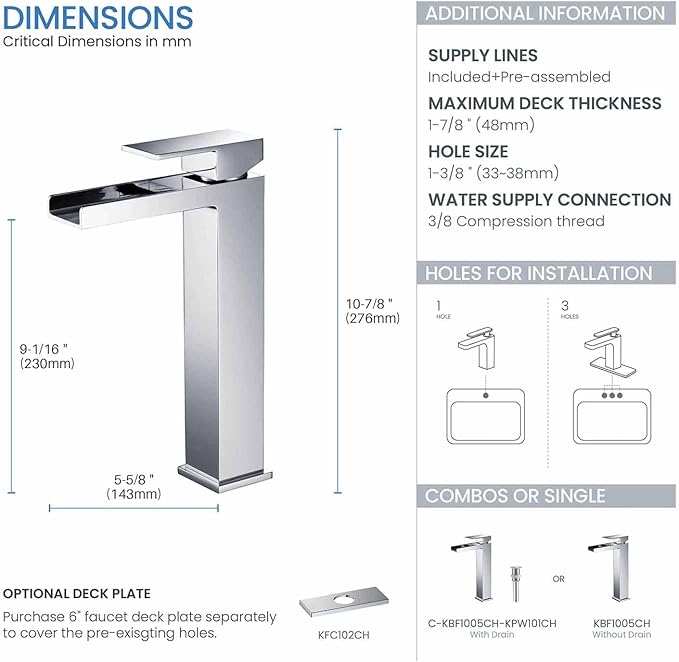 KIBI Tall Waterfall Faucet for Bathroom Sink | Single Handle Brass Vanity Faucet with Water Supply Hose | Durable Brass Construction and Smooth Water Flow | Chrome Finish - KBF1005
