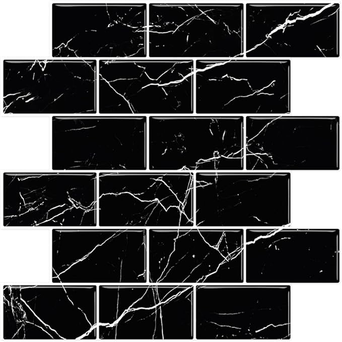 DÉCOR WOW Peel & Stick Backsplash for Kitchen & Bathroom Black Marble Subway, 1 sq ft (8-Pack)