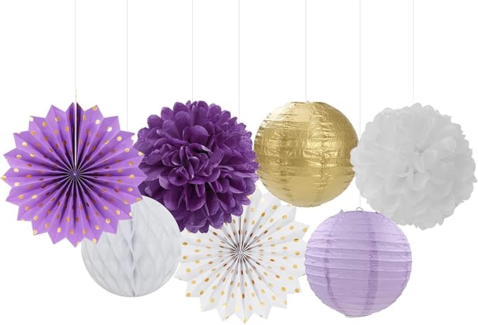Purple-Gold Party Decorations Streamers Lanterns - 14pcs White Lavender Paper Fan Graduation Woman Birthday Wedding Bridal Shower Tissue Pom Poms,Honeycomb Balls Valentines day Decor Ouruola