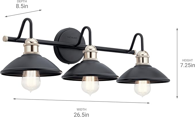 Kichler Clyde 3-Light Bathroom Vanity Light Fixture with Vintage Industrial Design in Black Finish, Wall Mount Over Mirror Lighting for Bathroom (7.25" x 26.5" x 8.25"), 45945BK