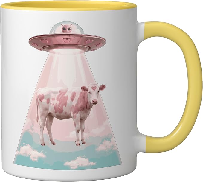 Funy Pink Heart Cow Alien Abduction UFO Space Nerd Ceramic Mug, Yellow/White