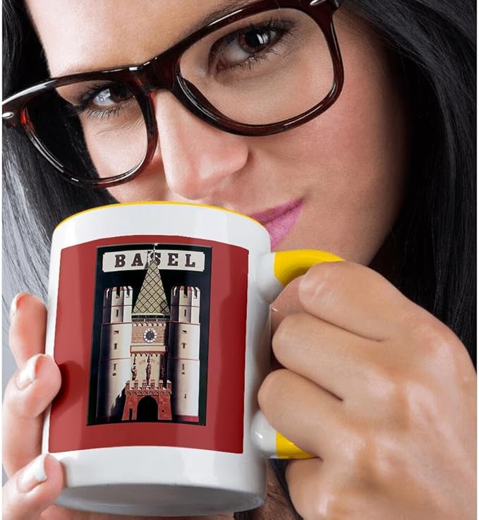 3dRose Basel Luggage Label Reproduction with Castle on Black and Red 15oz Two-Tone Yellow Mug