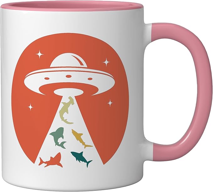 Funny UFO shark lover humor UFO lover flying saucer Ceramic Mug, Pink/White
