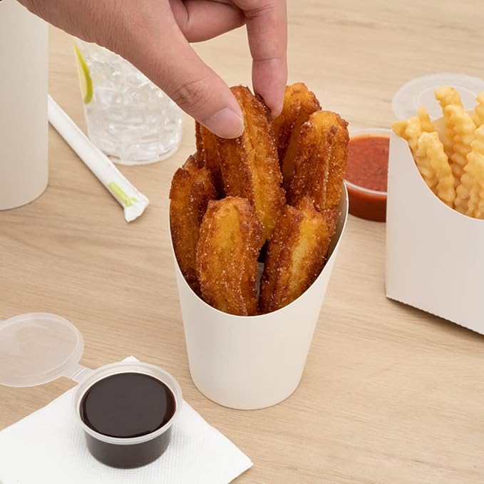 Restaurantware Bio Tek 12 Ounce French Fry Containers 100 Disposable Charcuterie Cups - Incline Design Round White Paper French Fry Cups Stackable For Waffles Chips or Popcorn