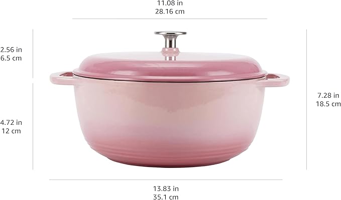 Amazon Basics Enameled Cast Iron Dutch Oven Pot with Lid, Round, Dual Handles, Heavy-Duty, Oven Safe for Stews, Roasting, Baking, 6-Quart, Light Pink