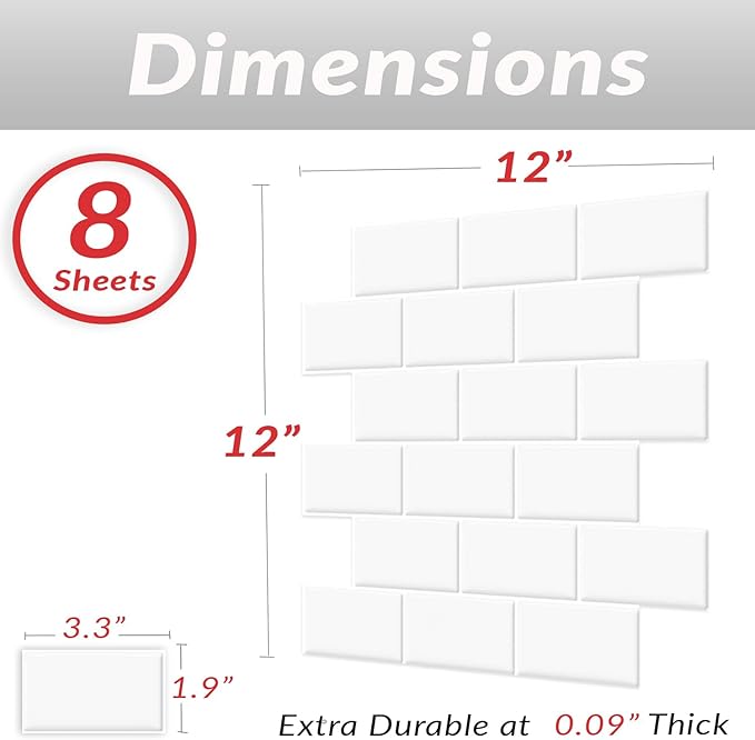 Décor Wow Peel & Stick Backsplash for Kitchen & Bathroom White Subway, 1 sq ft (8-Pack)