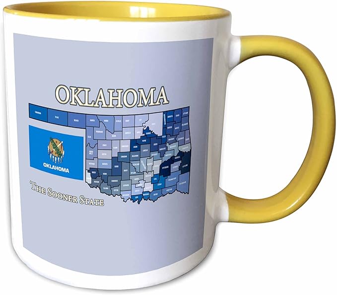 3dRose Map, flag and nickname of Oklahoma, all counties colored and labeled 15oz Two-Tone Yellow Mug