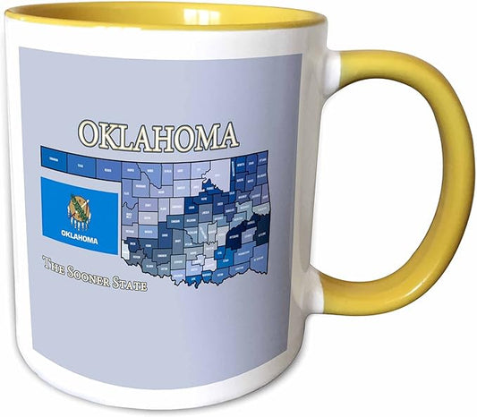 3dRose Map, flag and nickname of Oklahoma, all counties colored and labeled 15oz Two-Tone Yellow Mug