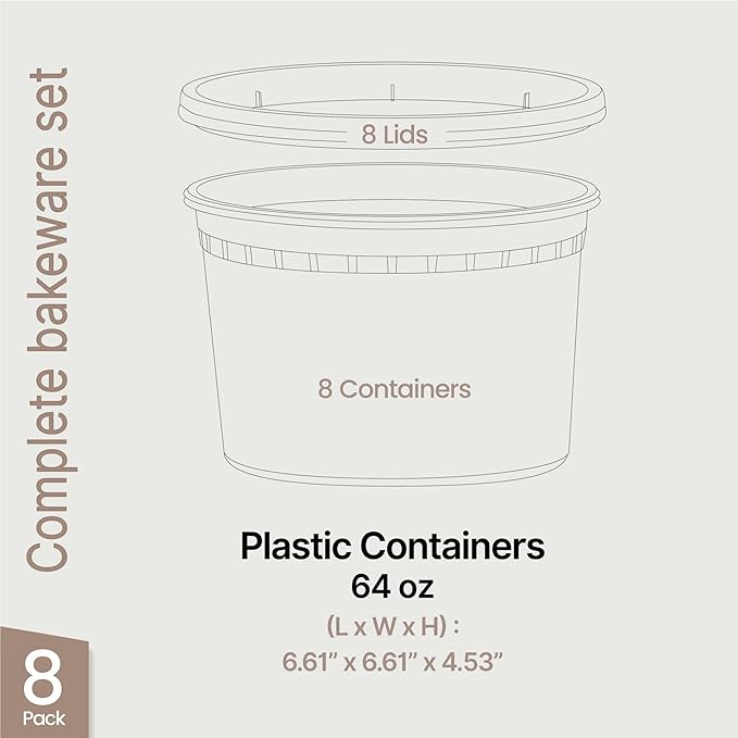 Plastic Deli Containers with Lids 64oz (Pack of 8) – Leak-Proof, BPA-Free Food Storage Containers for Soup, Slime & Meal Prep, Stackable, Microwave, Dishwasher Safe, Reusable Clear Plastic