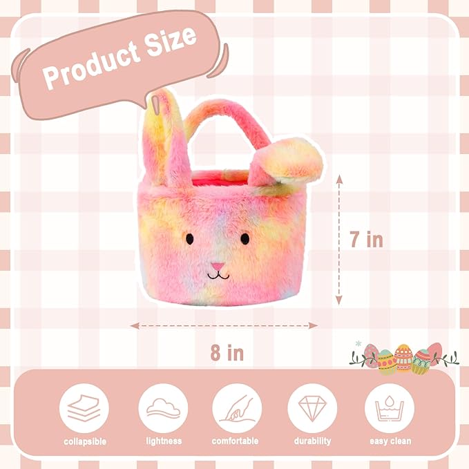 Easter Baskets for Kids,Plush Egg Hunting Easter Buckets with Handle Folded Ears, Gifts Boys Girls