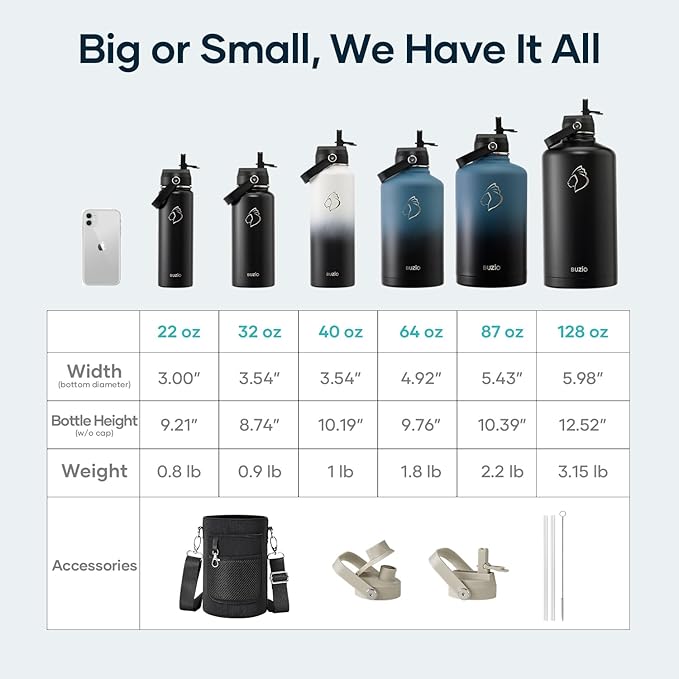 BUZIO 24 oz Water Bottle Insulated, Leakproof Stainless Steel Flask (Cold for 48 Hrs), Wide Mouth BPA-Free Metal Thermo Hydro Canteen with 2 Lids, Greige
