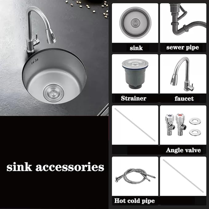 Single Bowl Silver Round Sink Mini Small Single Slot Bar Balcony Stainless Steel Sink Kitchen Under Counter Vegetable Washing Basin (Silver 40 * 40cm)