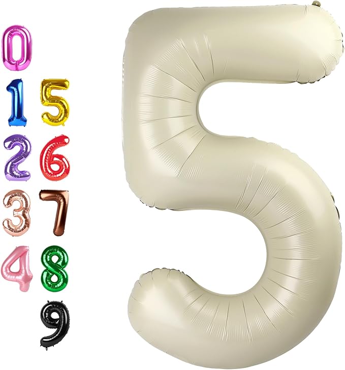 Balloons Number Five, Cream Balloon Numbers 5 for Girls Boys 40 Inch Happy Birthday Decorations for 5 15 25 2025 Graduation Wedding Anniversaries
