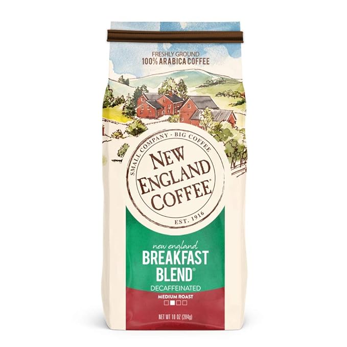 New England Coffee Breakfast Blend Decaffeinated Medium Roast Ground Coffee, 10oz Bag (Pack of 1)
