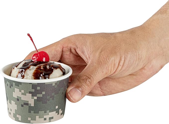 Restaurantware Coppetta 4-Ounce Dessert Cups, 50 Disposable Ice Cream Cups - Lids Sold Separately, Heavy-Duty, Camouflage Paper Frozen Yogurt Bowls, For Hot And Cold Foods