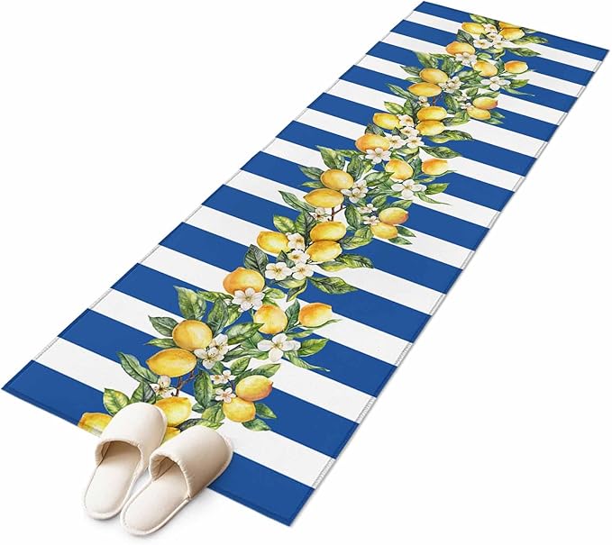 Runner Rug for Bedroom Hallway, Summer Lemon Green Leaves Watercolor Kitchen Runner Rugs Area Rug 2x6ft, Blue Stripe Washable Soft Floor Carpet for Entryway Stair