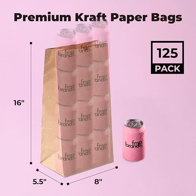 Fit Meal Prep 125 Pack 20 lb Large Brown Paper Bags, 16 x 8 x 5.5” Durable Kraft Paper Bags Bulk for Packing, Delivery, Take Out, Grocery, Retail Shopping, Premium Big Size Sacks for Shopping