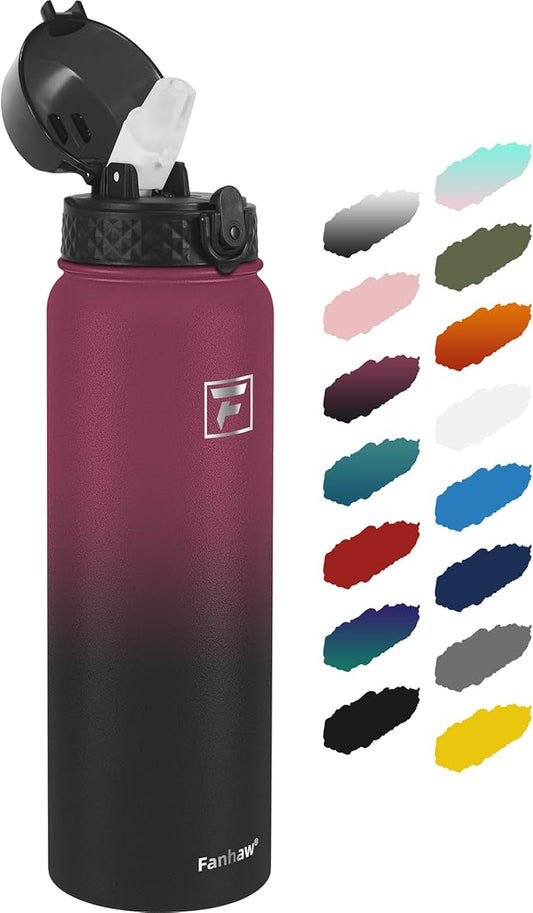 Fanhaw 32 oz Insulated Stainless Steel Water Bottle with Straw Lid, Leakproof Sports Bottle for Men, Women & Teens (Red Black)