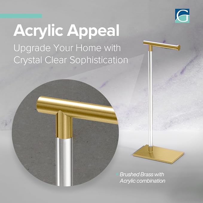 Gatco 1331B Toilet Paper Holder Stand, Brushed Brass with Acrylic Post, Rectangle Weighted Base, Freestanding Bathroom Floor Stand, 22.25 Inch