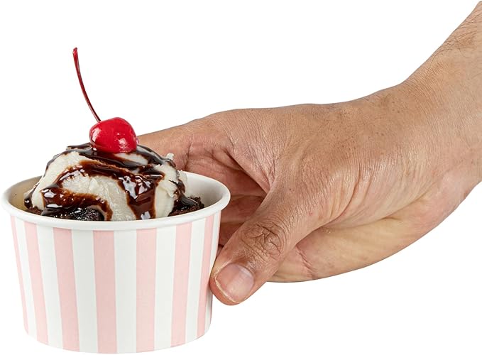 Coppetta 5-Ounce Dessert Cups, 200 Disposable Ice Cream Cups - Lids Sold Separately, Striped, Pink And White Paper FroYo Bowls, For Hot And Cold Foods, Perfect For Gelato Or Mousse - Restaurantware
