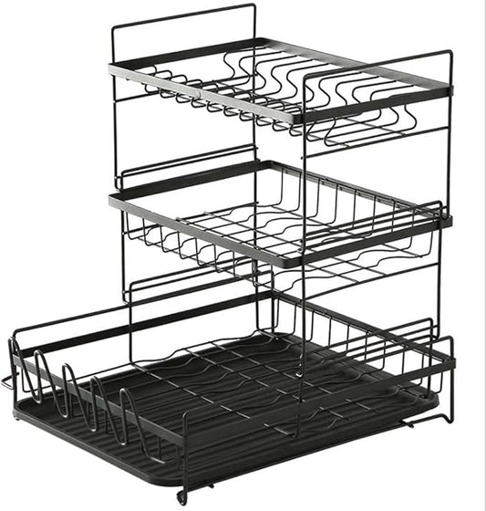 Dish Drainer Plate Rack. Rinse Basket for Pots Bowls Plates and Kitchen Utensils Cutlery Drainer Included Disassembled Dish Drainer (Black L 35x44x47cm)