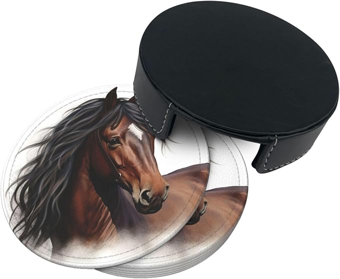 Famame 6 Pcs Handsome Brown Horse Leather Coasters for Drinks with Holder Coaster Sets Drink Table Cup Coasters for Living Room Kitchen Coffee Decor