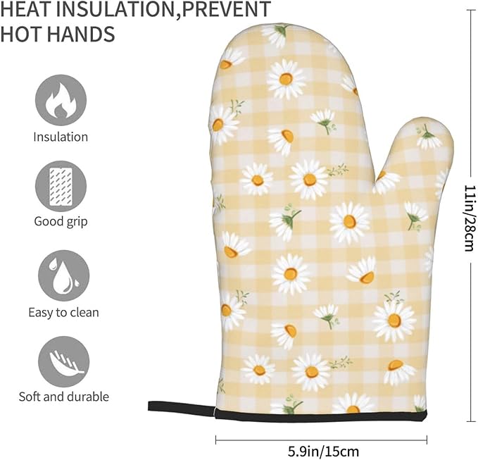 Daisy Flower Oven Mitts of 2 Pack, Funny Kitchen Gloves Heat Resistant Non-Slip Kitchen Mitts for Cooking Baking Grilling