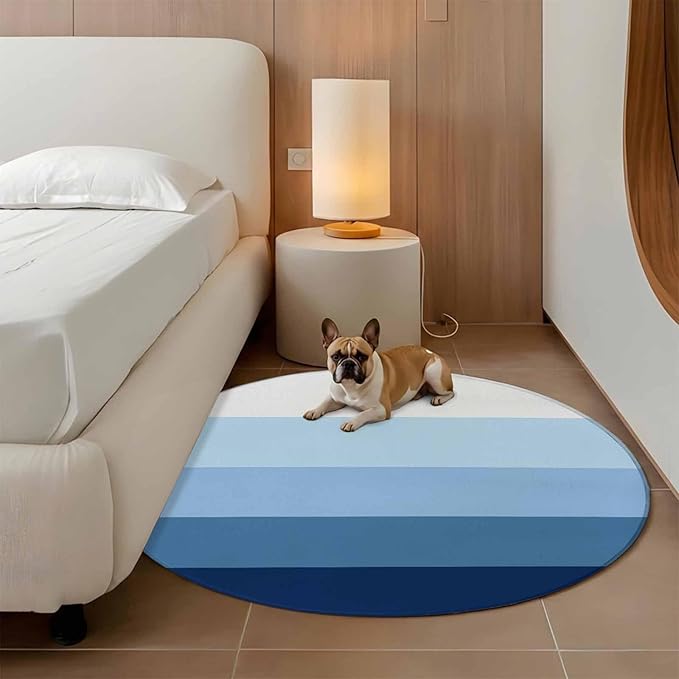 Washable Round Area Rug Minimalist Blue White Ombre Stripe Circle Rugs Floor Carpet for Living Room Bedroom, Modern Gradient Art Soft Non Slip Round Rug 5ft