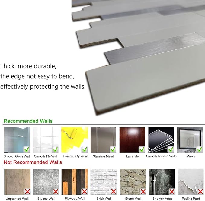 10-Sheet Peel and Stick Backsplash Tile, PVC Mixed Meta,l Stick on Kitchen, Bathroom Vanities, Fireplace Décor, Laundry Table(Grey+Frosted Silver)