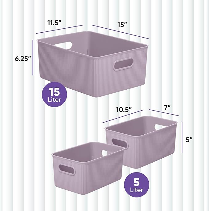 Superio Decorative Plastic Basket Open Home Storage Bins Organizer, Lilac Purple (Set of 3) 1 Large, 2 Medium - Container Boxes for Organizing Closet Storage Bins for Shelves - Ribbed Collection