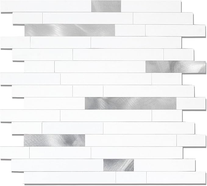 Yipscazo Peel and Stick Stone Metal Backsplash, Stick on Tiles for Backsplash Kitchen (5 Pack, Pure White)