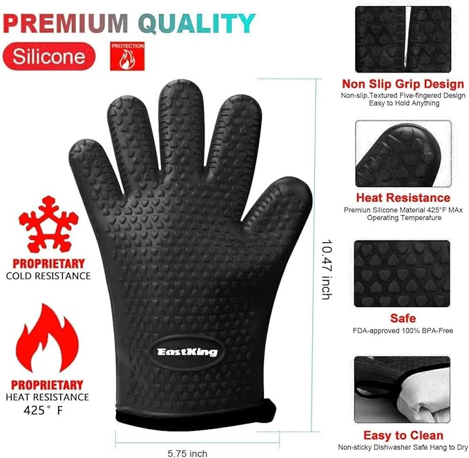 EastKing Smoker Accessories Set-Grilling Oven Gloves,BBQ Claws,Meat Thermometer and Silicone Brush BBQ Set for Cooking Barbecue Baking (Black)