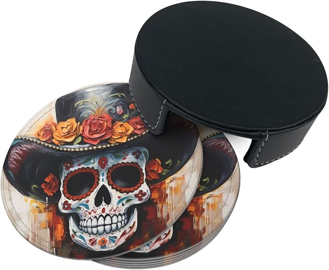 Famame 6 Pcs Oil Painting Mexican Skull Leather Coasters for Drinks with Holder Coaster Sets Drink Table Cup Coasters for Living Room Kitchen Coffee Decor