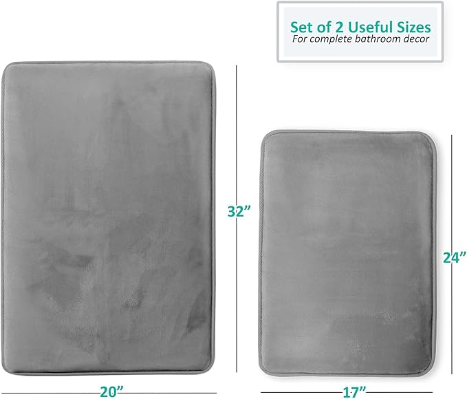 Clara Clark 2 Piece Bathroom Rug Set - Memory Foam, Bath Mat Set, Plush, Cozy, Ultra Soft, Non Slip, Machine Washable, Quick Dry - 24” x 17”+ 32” x 20” - Medium Grey