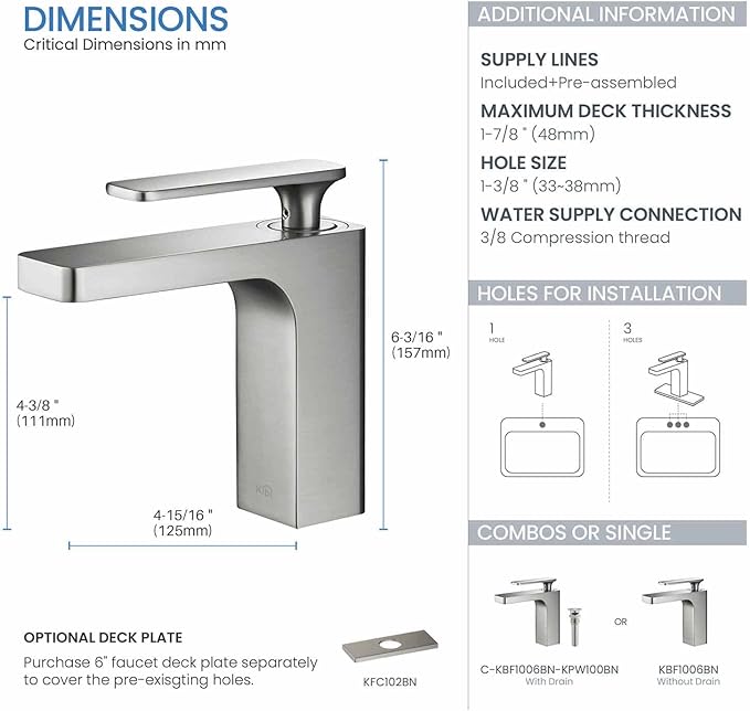 KIBI Infinity Single Handle Bathroom Vanity Sink Faucet | Solid Brass Lavatory Faucet with High Arc Spout for Smooth Water Flow | Includes Water Hose for Easy Installation (Brushed Nickel, KBF1006)