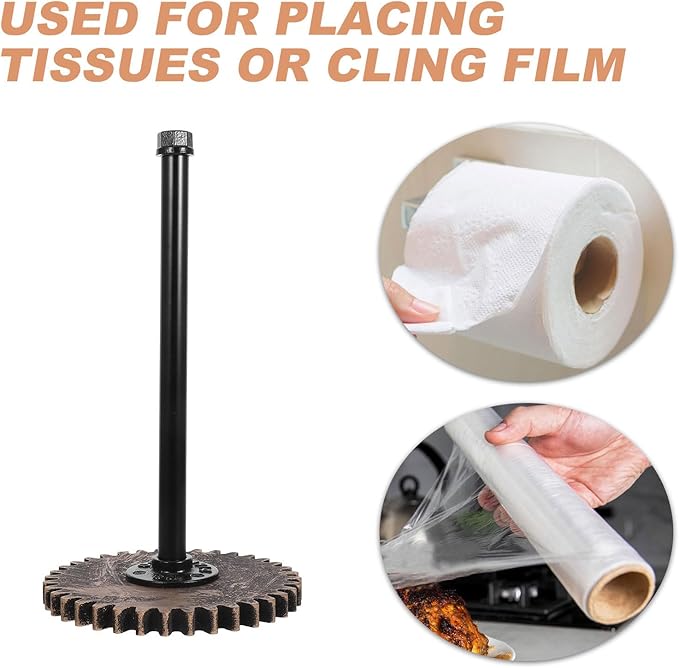 Rustic Industrial Pipe Paper Towel Holder Black Iron Standing Kitchen Roll Dispenser with Storage for Countertop and Bathroom Use