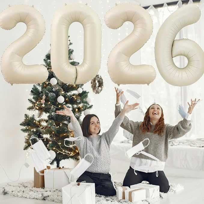 Huge Cream White 2026 New Year Balloons 40 Inch 2026 Matte Nude White Mylar Foil Helium Number Balloons 2026 Christmas New Year Eve Graduation Party Decorations Supplies