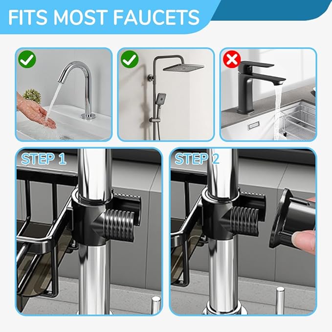 Kitchen Sink Faucet Organizer, 2024 Upgraded Dish Sponge Holder Over Faucet Kitchen Sink Caddy Organizer with Hook for Bathroom, Scrubbers, Soap, Work With 0.7-1.1inch Round Water Pipe (Silver, Right)