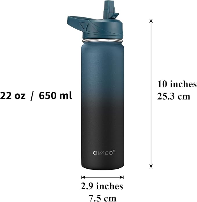 CIVAGO 22 oz Insulated Water Bottle With Straw, Stainless Steel Sports Water Flask Cup with 3 Lids (Straw, Portable Spout and Handle Lid), Double Walled Travel Thermal Canteen Mug, Dark Night